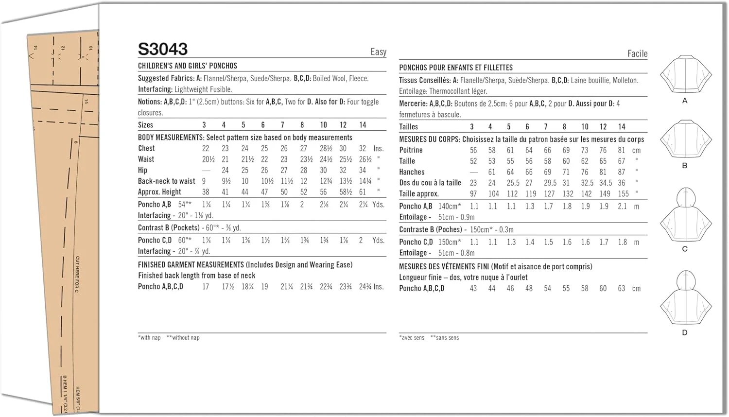 الگوی خیاطی سادگی SS3043K5 پانچوهای دخترانه و بچگانه K5 (7-8-10-12-14)