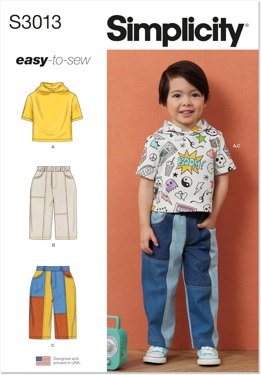 الگوی خیاطی سیمپلیسیتی SS3013A تی شرت کلاه دار و شلوار جین بچگانه A (1/2-1-2-3-4)