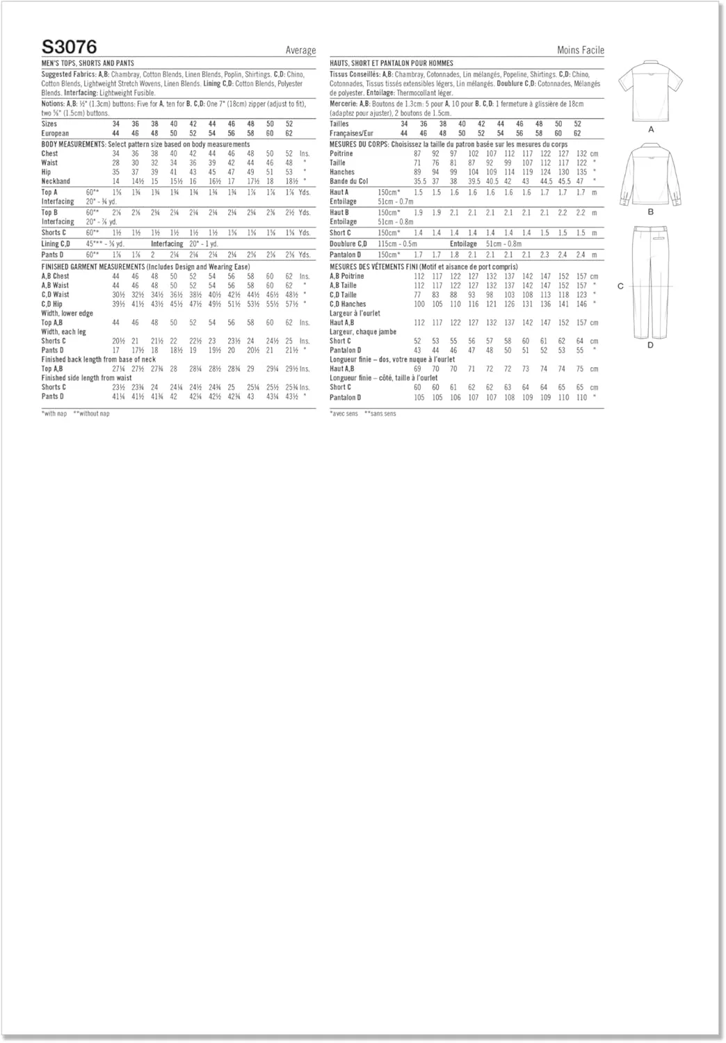 الگوی خیاطی مردانه SIMPLICITY مدل SS3076BB شامل تاپ، شلوارک و شلوار سایز BB (44-46-48-50-52) الگوی خیاطی مردانه SIMPLICITY مدل SS3076BB شامل تاپ، شلوارک و شلوار سایز BB (44-46-48-50-52)