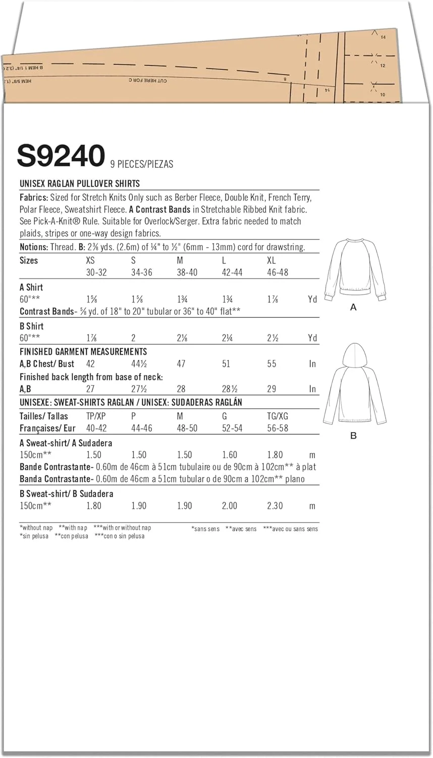 الگوی خیاطی سادگی S9240 پیراهن های پولور رگلان SS9240A تاپ/جلیقه унисекс XS-S-M-L-XL، سفید