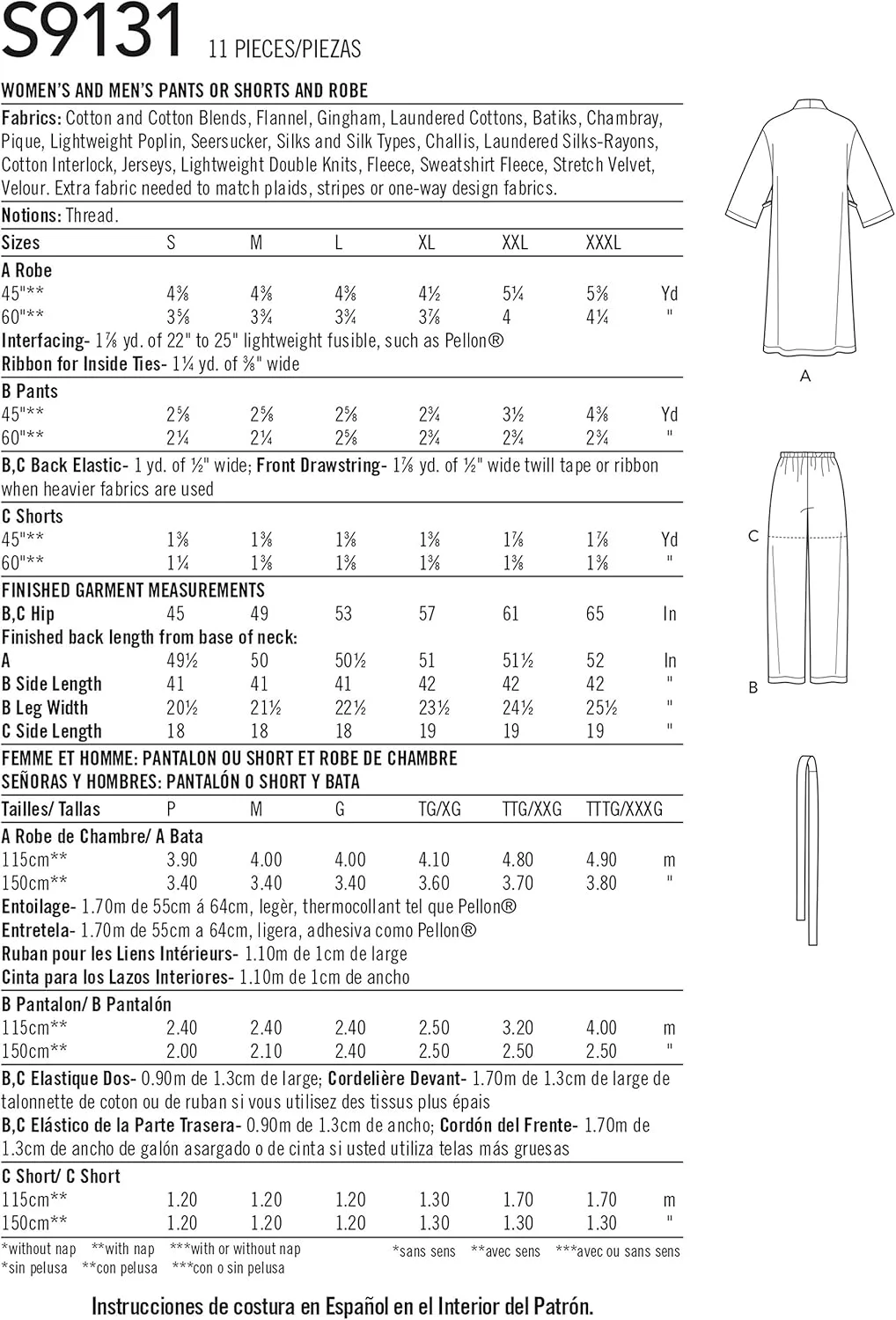 الگوی خیاطی سادگی S9131 لباس خواب унисекс، متنوع، BB (XL-XXL-XXXL)