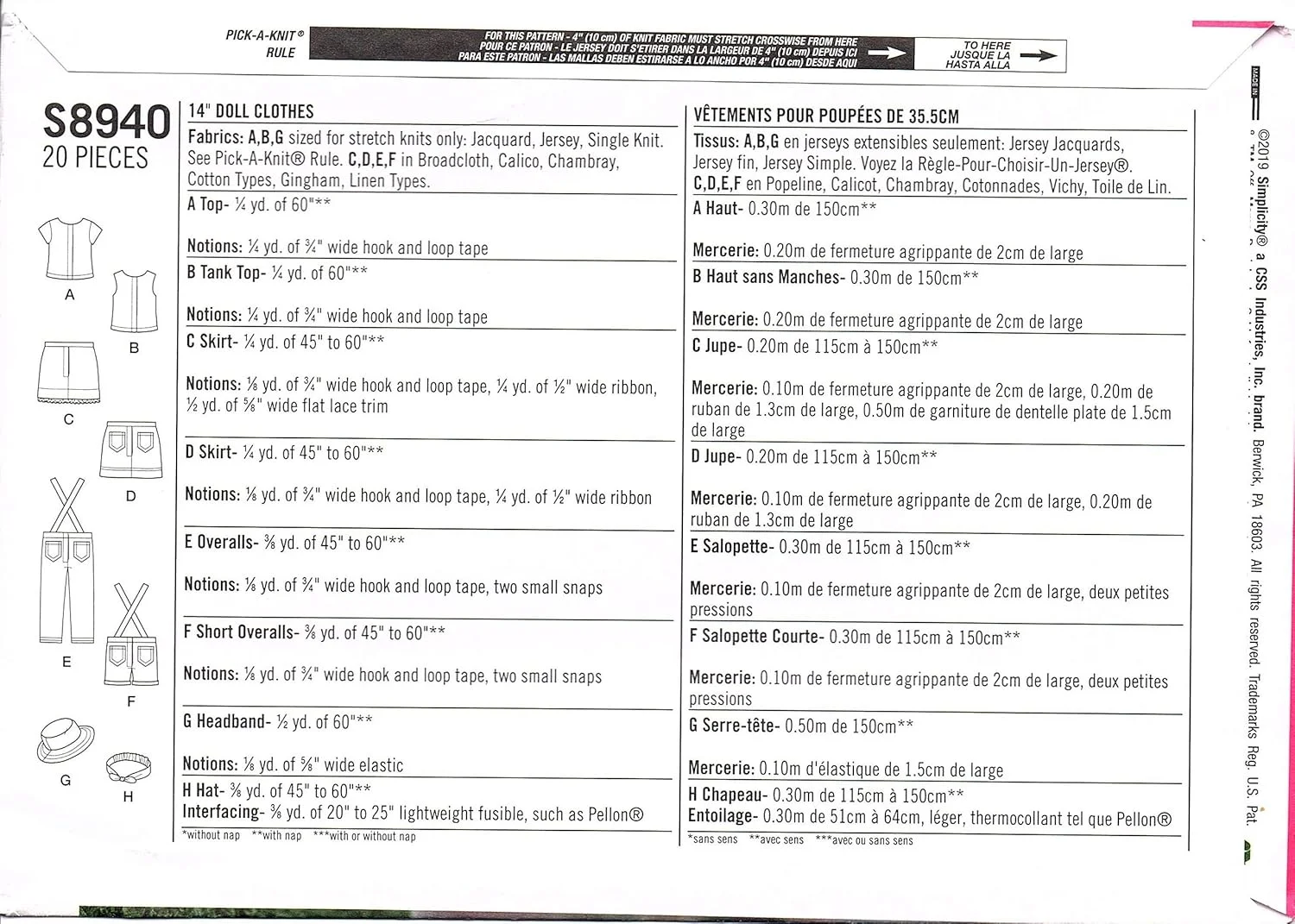 الگوی خیاطی سادگی S8940 لباس عروسک 14 اینچی، کاغذی، سفید، متنوع