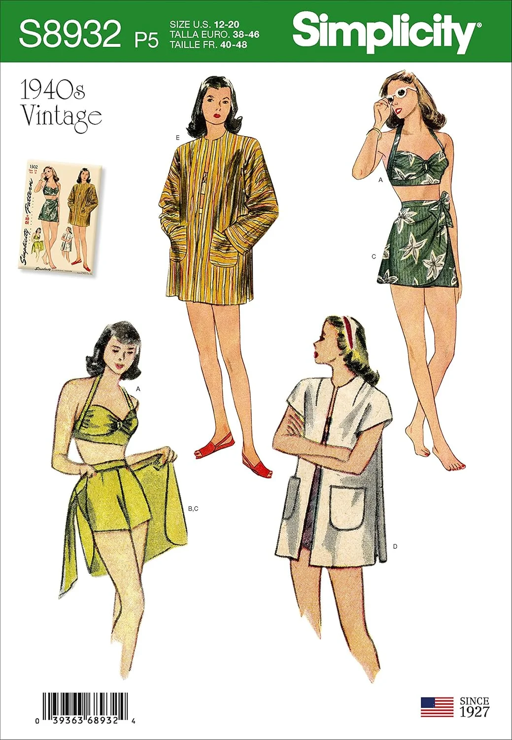 الگوی خیاطی سادگی S8932، تاپ بیکینی، شورت، روپوش، دامن و کت زنانه، کاغذی، سفید، متنوع