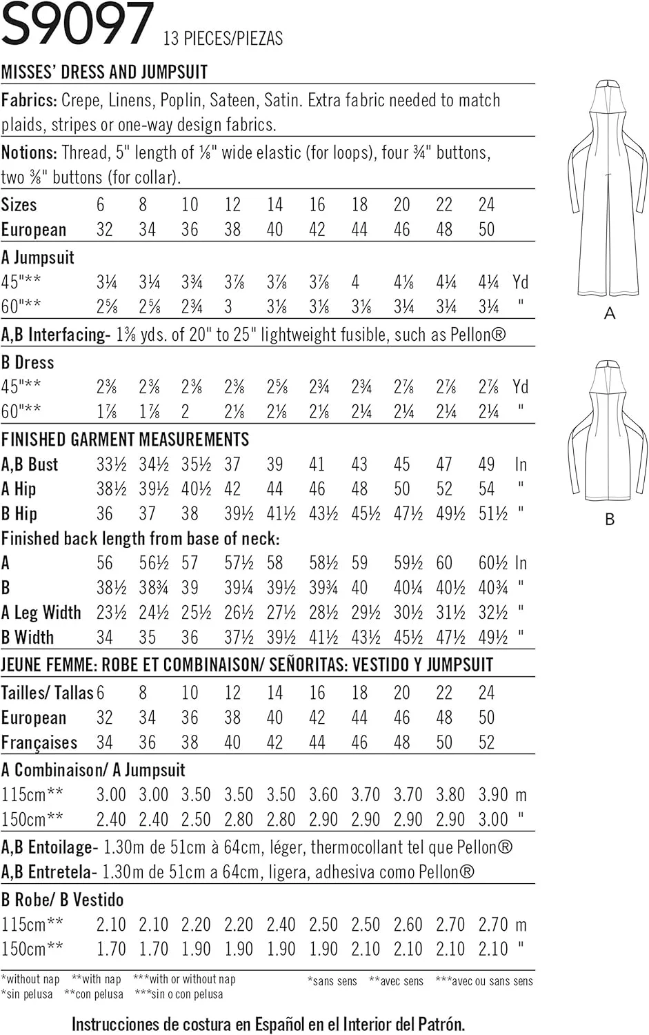 الگوی خیاطی SIMPLICITY S9097، لباس و جامپسوت زنانه، متنوع، H5 (6-8-10-12-14)