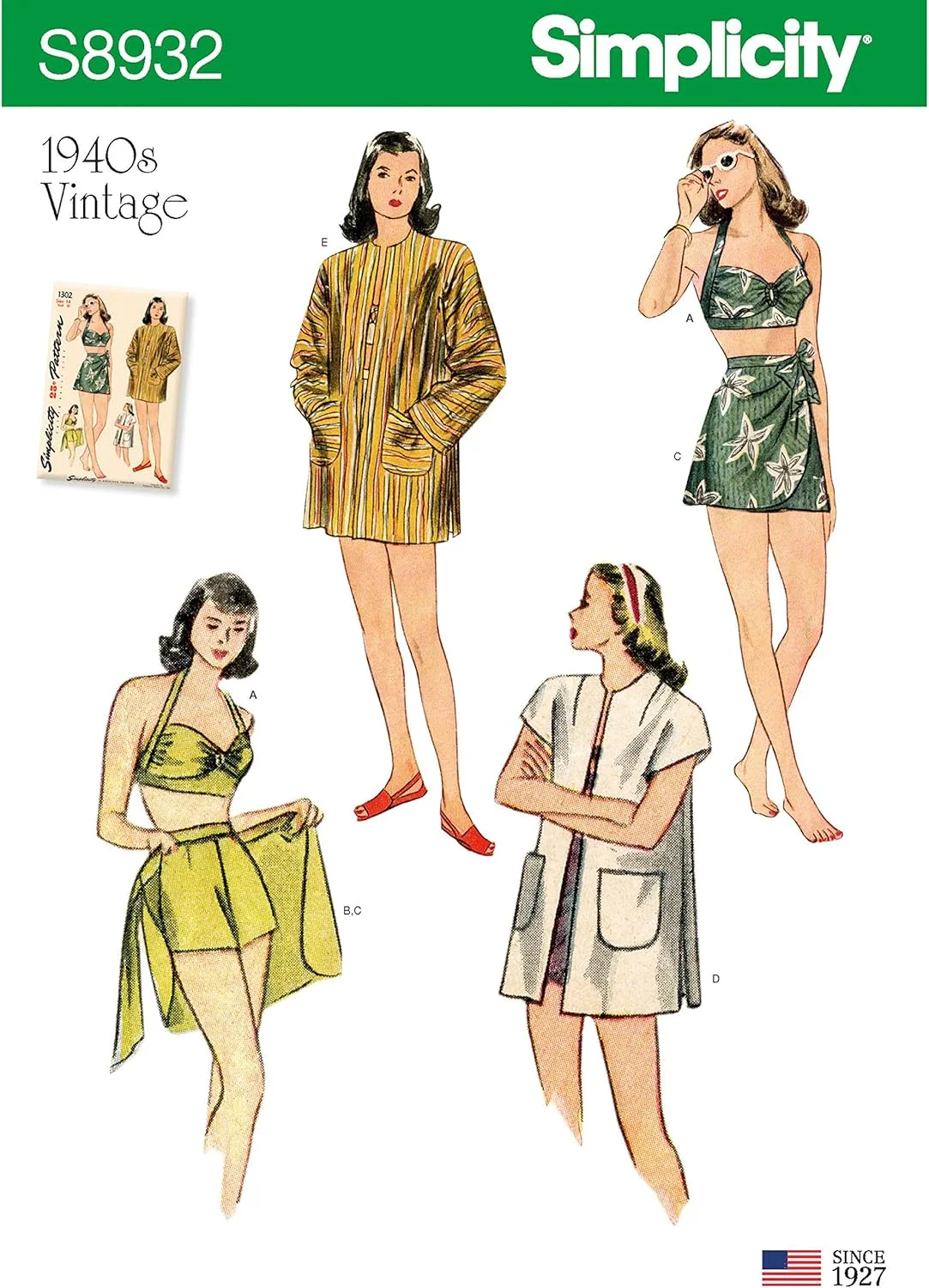 الگوی خیاطی سادگی S8932 تاپ بیکینی، شورت، روپوش، دامن و کت زنانه، کاغذی، سفید، متنوع