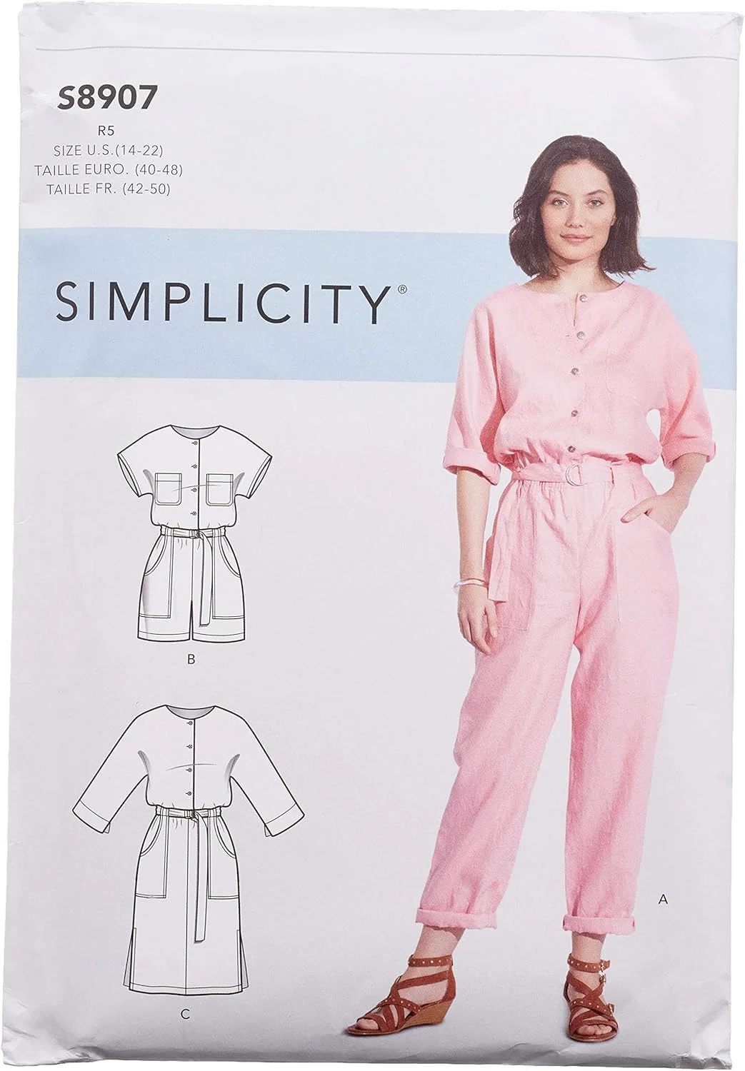 الگوی خیاطی سادگی S8907 برای جامپسوت، رامپر، پیراهن و کمربند زنانه، سایز R5 (14-16-18-20-22)