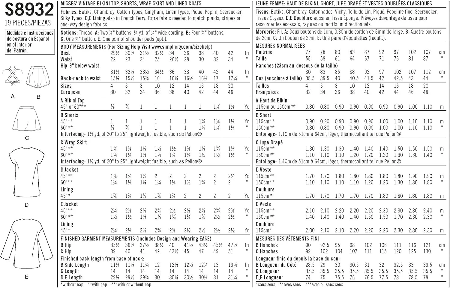 الگوی خیاطی سادگی S8932 تاپ بیکینی، شورت، روپوش، دامن و کت زنانه، کاغذی، سفید، متنوع