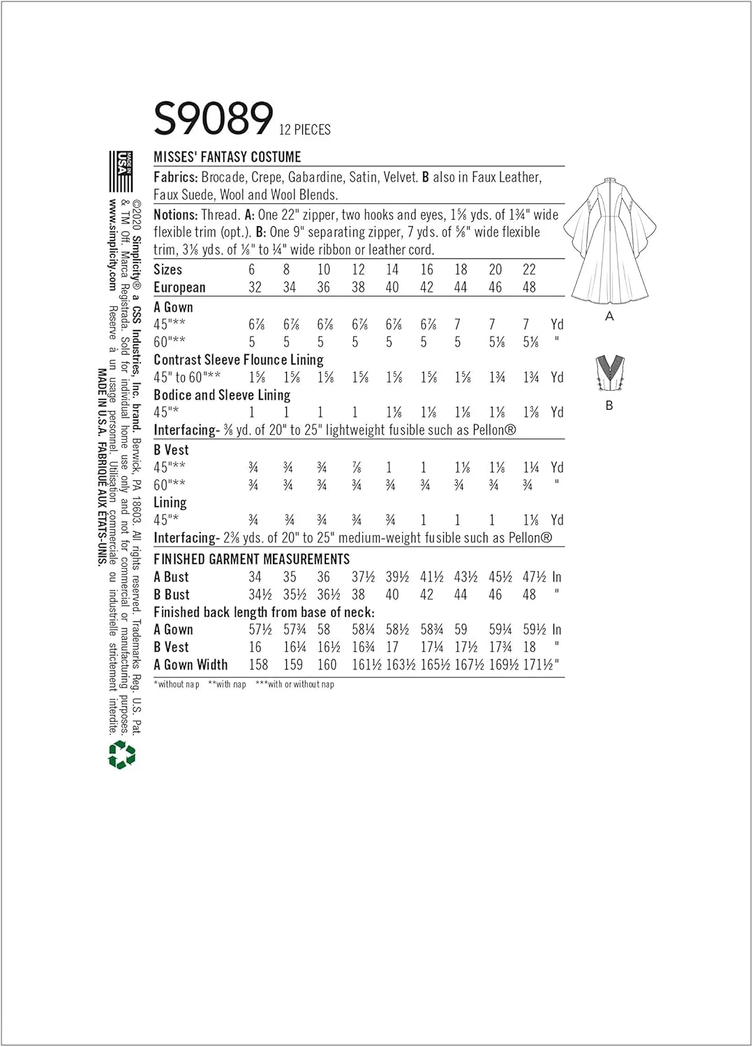 الگوی خیاطی سیمپلیسیتی S9089 لباس فانتزی زنانه، سایز 14-16-18-20-22، R5