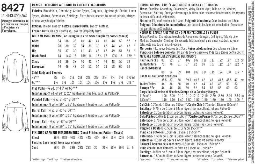 الگوی سادگی 8427 AA پیراهن مردانه فیت با یقه و سرآستین های متنوع توسط Mimi G، سایز 34-42