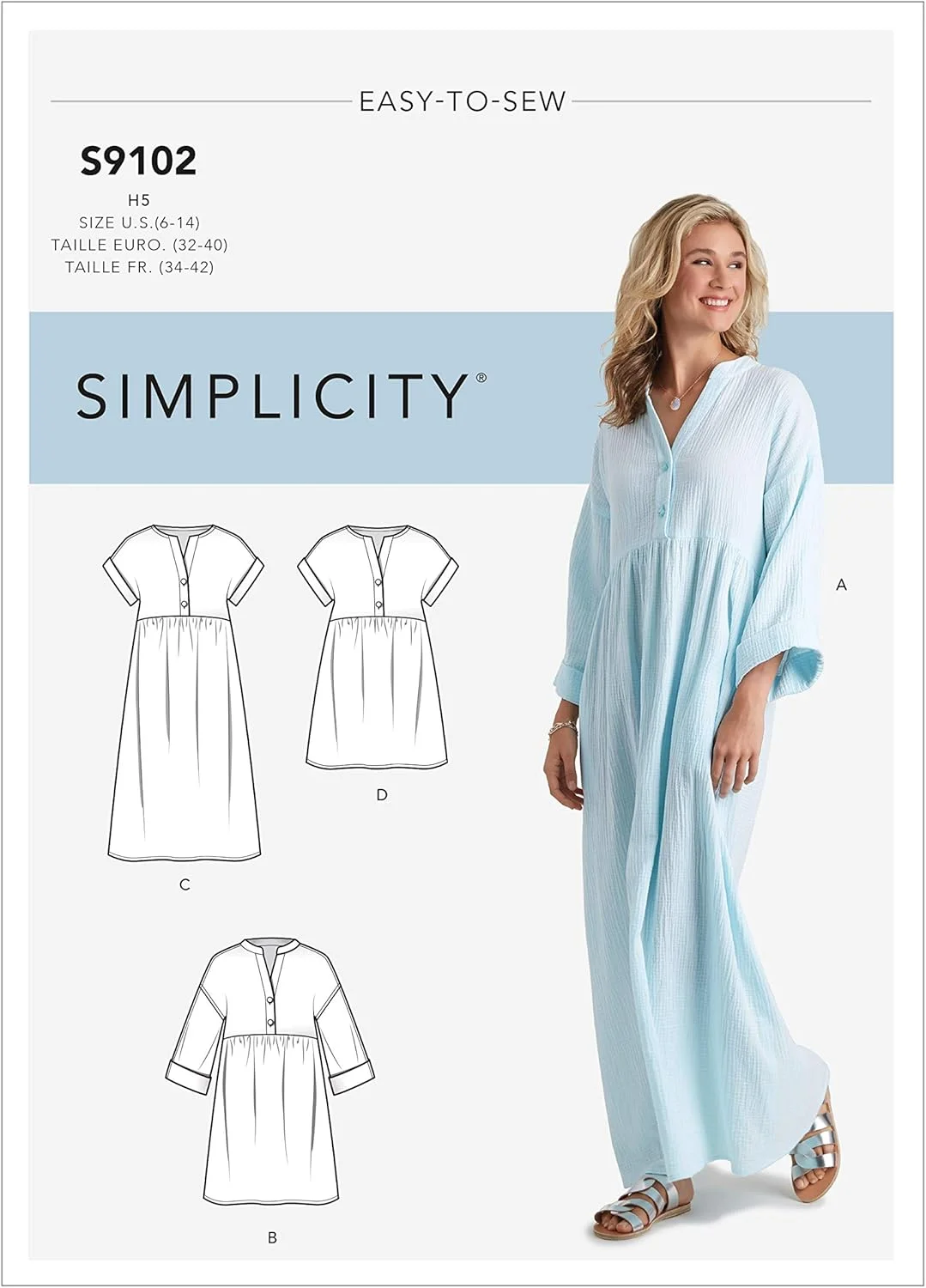 الگوی خیاطی SIMPLICITY S9102 برای خانم ها، مدل های مختلف کافتان و پیراهن، سایز H5 (6-8-10-12-14)