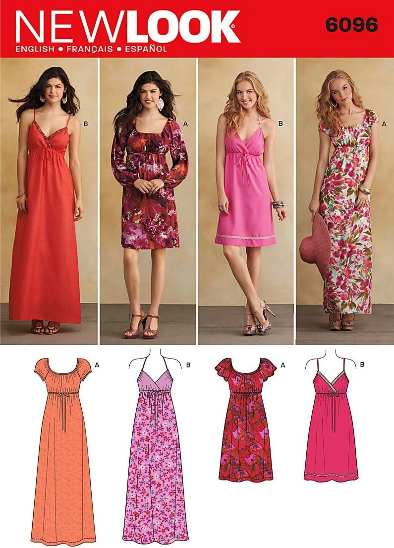 الگوی خیاطی سادگی نیو لوک 6096، لباس زنانه با قد و آستین های متنوع، سایزهای 4-6-8-10-12-14-16