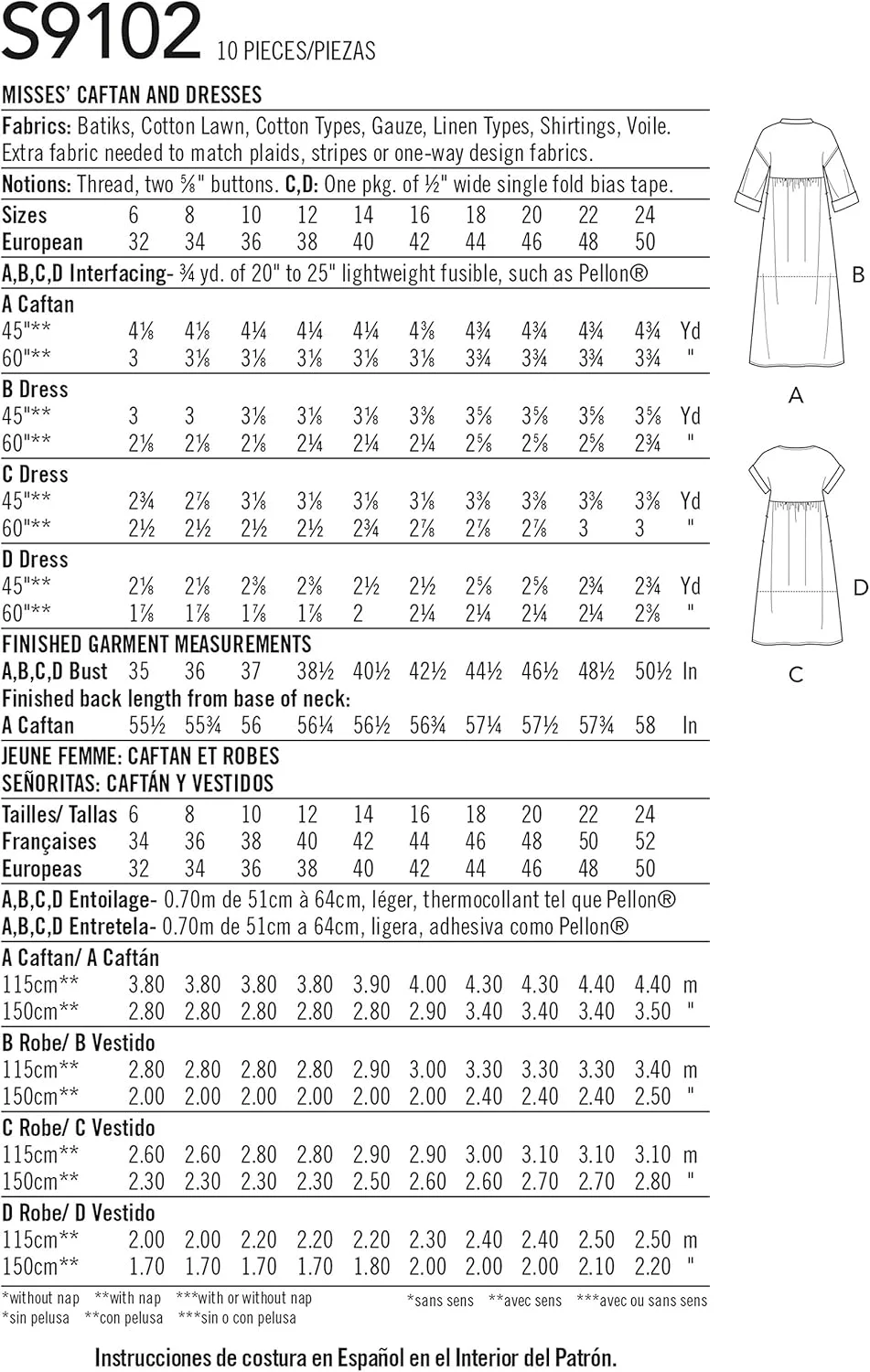 الگوی خیاطی SIMPLICITY S9102 برای خانم ها، مدل های مختلف کافتان و پیراهن، سایز H5 (6-8-10-12-14)