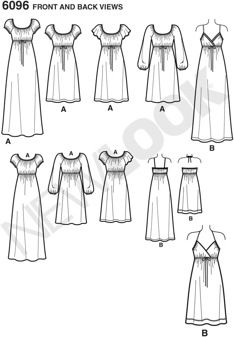 الگوی خیاطی سادگی نیو لوک 6096، لباس زنانه با قد و آستین های متنوع، سایزهای 4-6-8-10-12-14-16