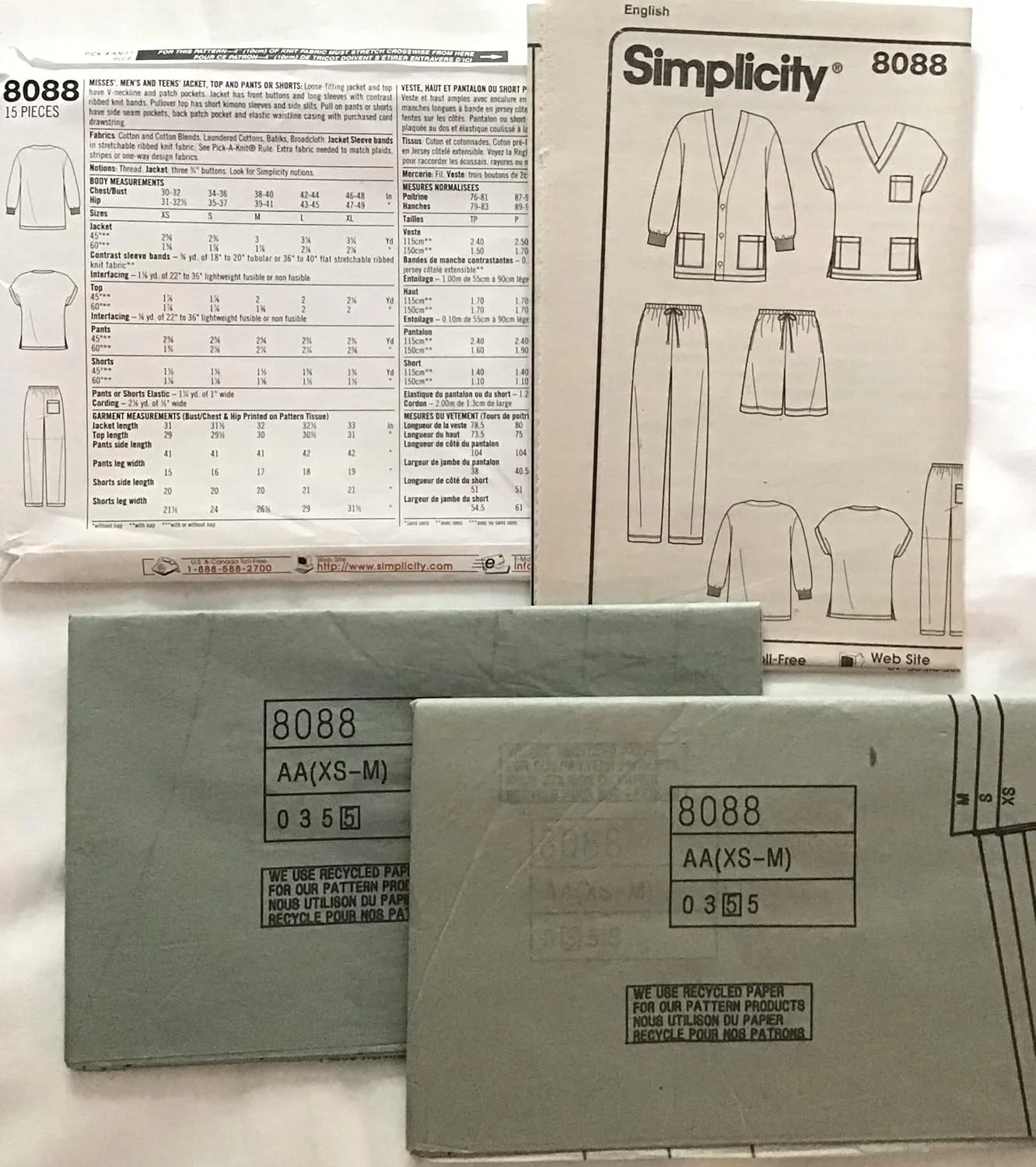 الگوی سادگی 8088 برای کت، تاپ و شلوار یا شورت زنانه، مردانه و نوجوانان، سایز AA (XS-S-M)