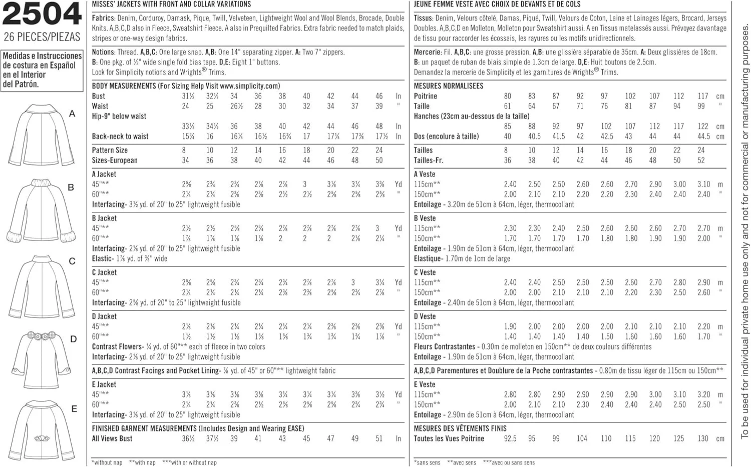 الگوی خیاطی سادگی 2504 برای کت های زنانه، K5 (8-10-12-14-16)