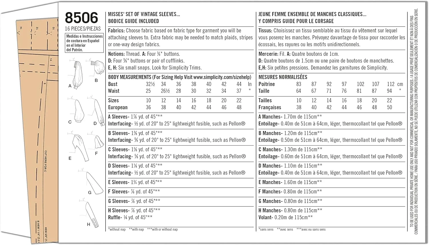 الگوی سادگی 8506 A (10-12-14-16-18-20-22) مجموعه آستین های قدیمی زنانه، کاغذی، سفید، 22 x 15 x 1 سانتی متر