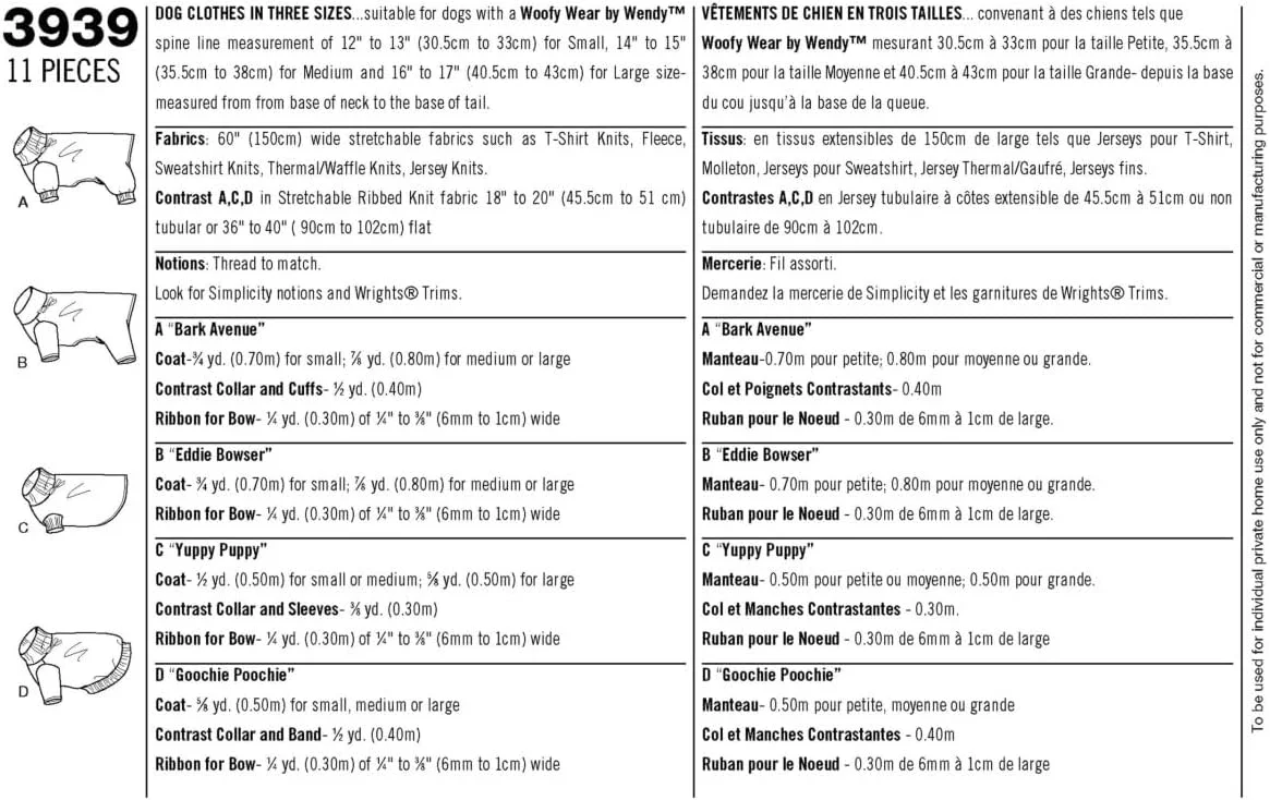 الگوی خیاطی لباس سگ، پijama و کت سادگی، سایزهای حیوانات خانگی S-L