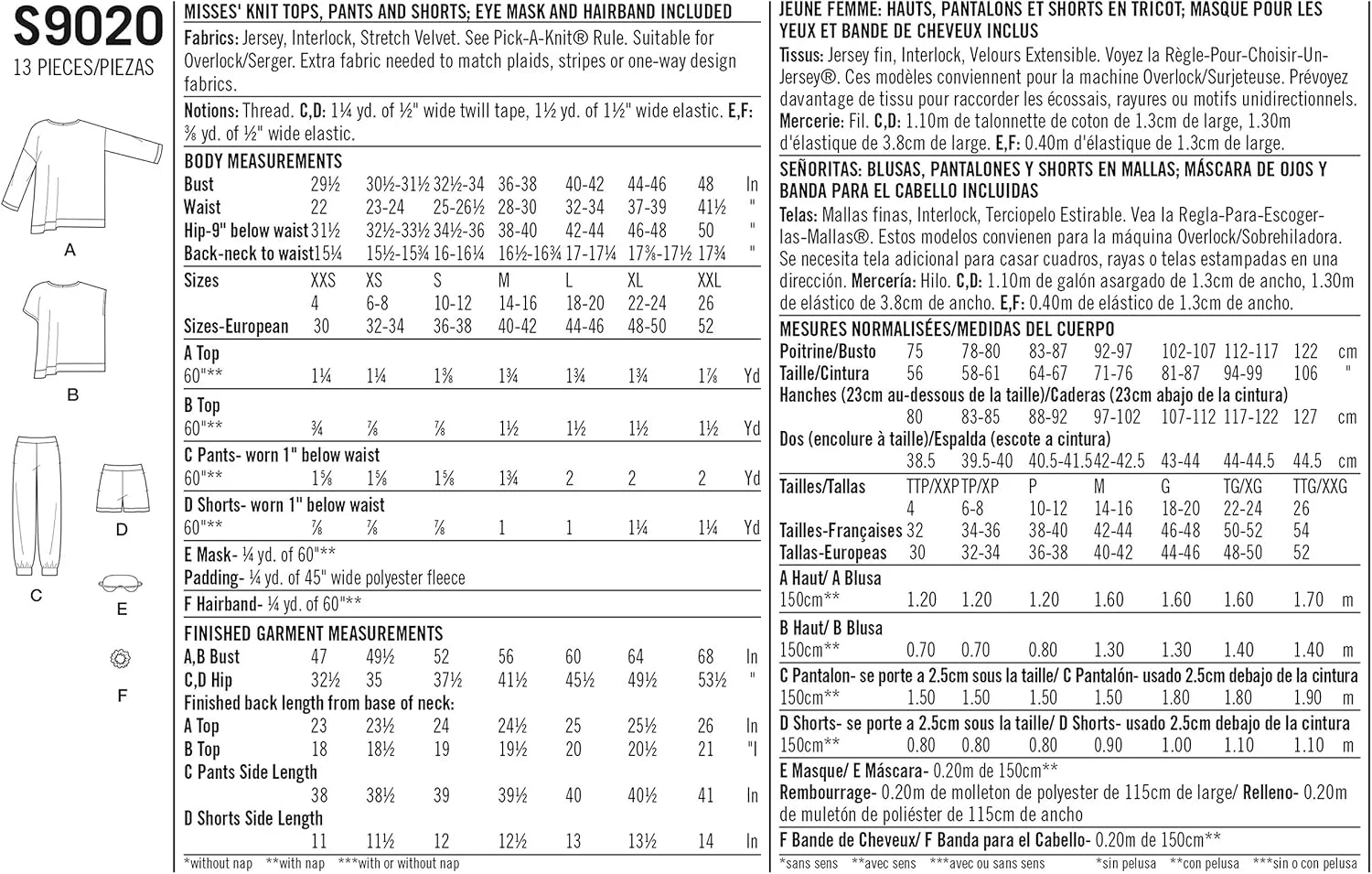 الگوی کاغذی سادگی - US9020A - لباس خواب زنانه، متنوع، A (XXS-XS-S-M-L-XL-XXL)