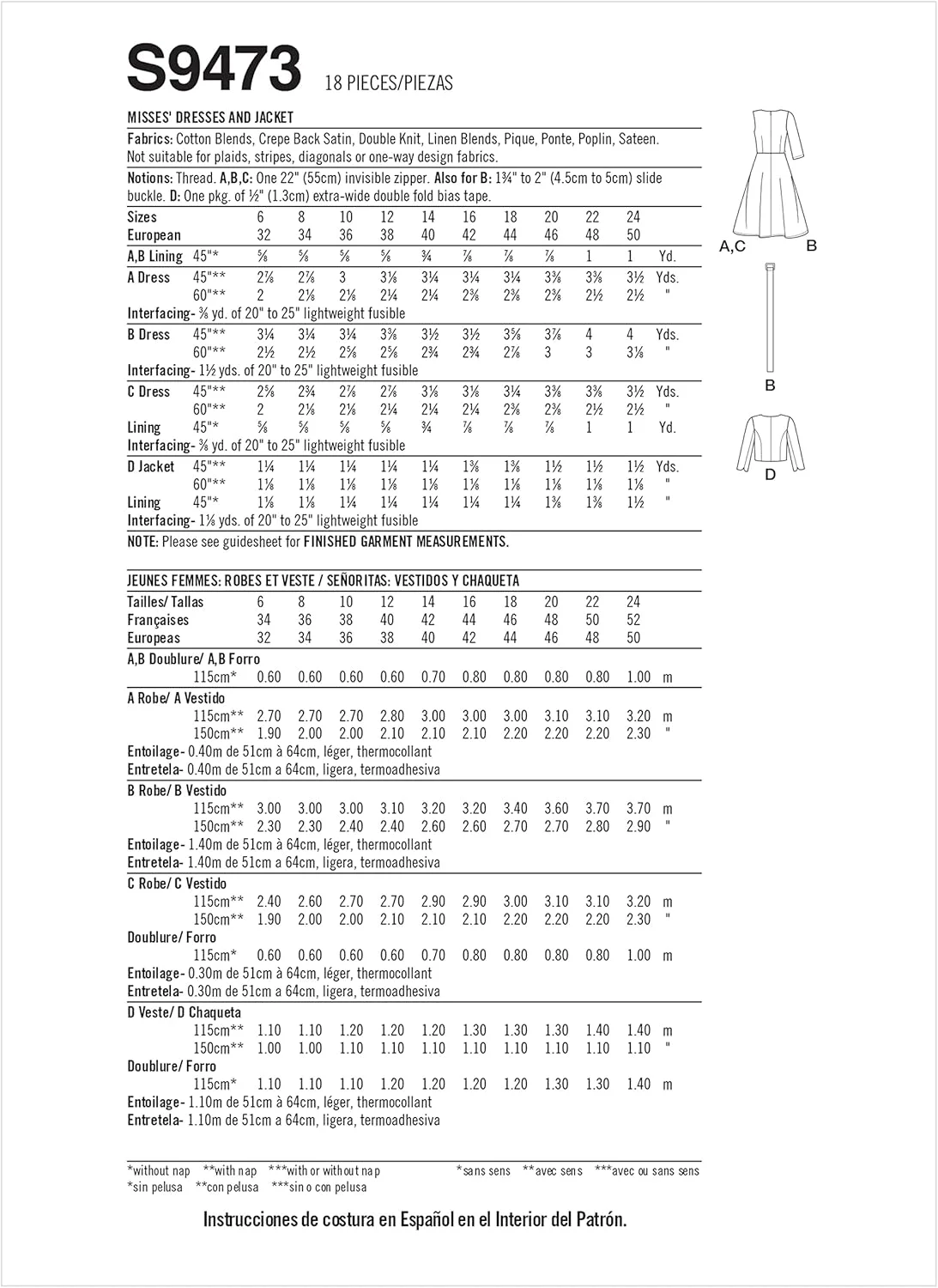 الگوی خیاطی ژاکت و لباس زنانه سادگی، کد S9473، سایزهای 6-8-10-12-14، چند رنگ
