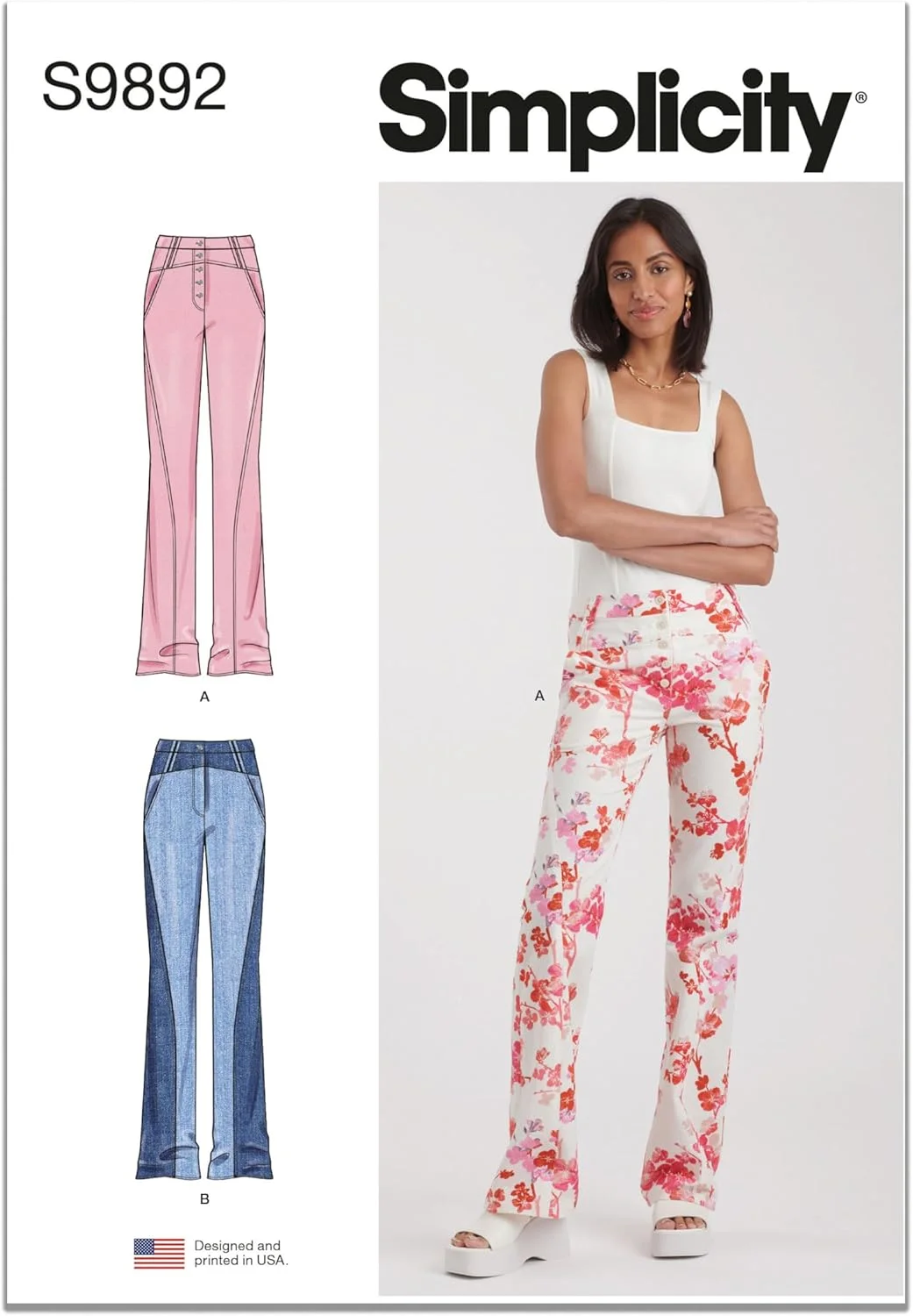 الگوی خیاطی شلوار جین کمر پایین زنانه Simplicity، کد طراحی S9892، سایزهای 18-20-22-24-26