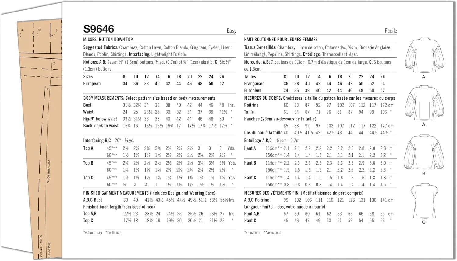 کیت الگوی خیاطی تاپ دکمه دار زنانه Simplicity، کد S9646، سایزهای 18-20-22-24-26، چند رنگ