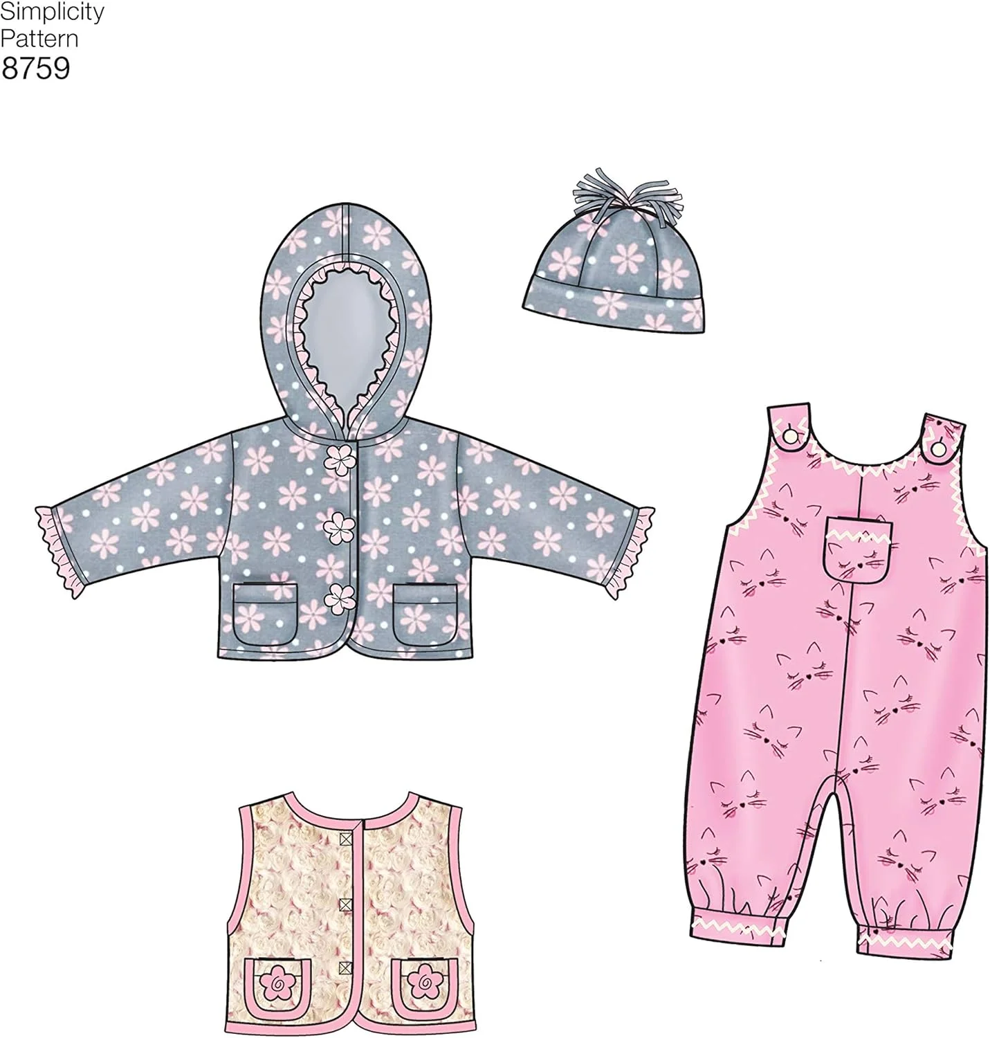 الگوهای خیاطی ژاکت، جلیقه، کلاه و سرهمی نوزاد سادگی، سایزهای XXS-L