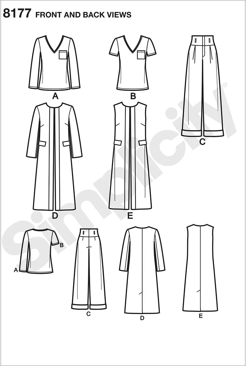 الگوی خیاطی زنانه سایز بزرگ سادگی 8177 شامل شلوار، جلیقه یا ژاکت و تاپ، طراحی شده توسط Mimi G Style، سایزهای BB (20W-28W).