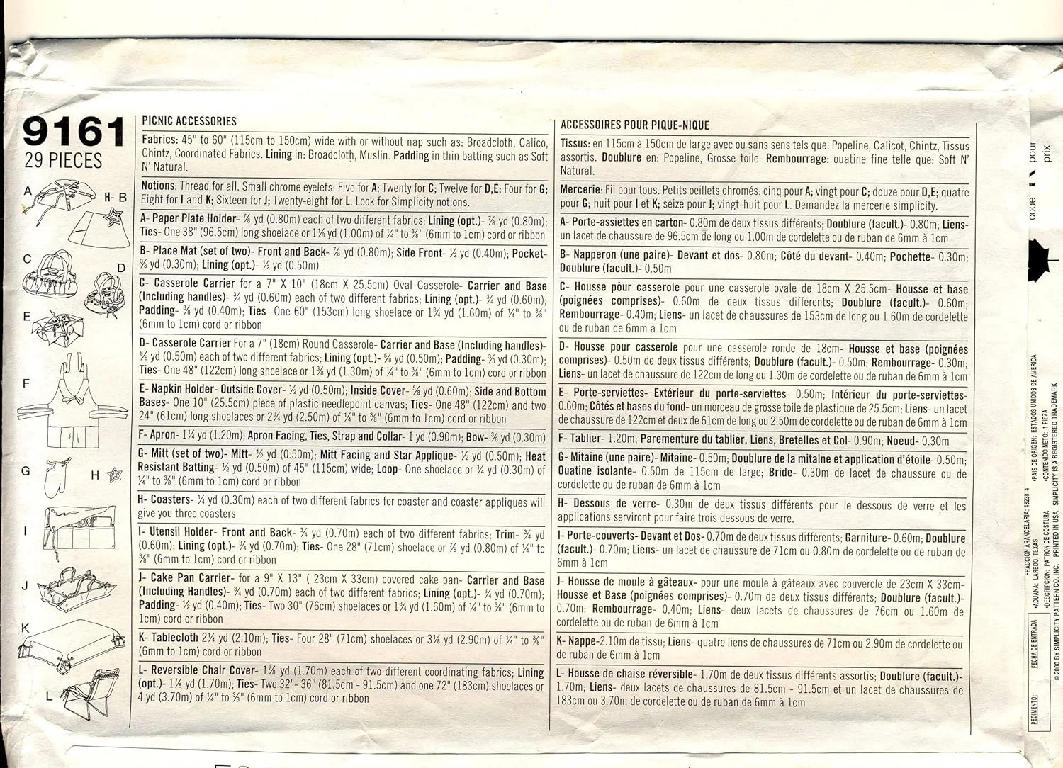 الگوی خیاطی خانگی سادگی 9161 - مناسب برای دوخت - لوازم جانبی میزبان پیک نیک - حمل کننده های قابلمه و کیک، نگهدارنده های بشقاب کاغذی، دستمال سفره و ظروف، پیش بند، دستکش فر، رومیزی، صندلی دو رو