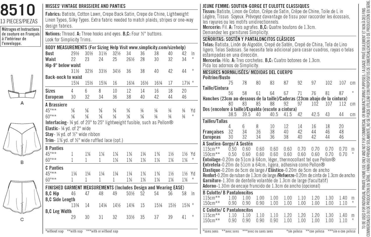 الگوهای خیاطی لباس زیر زنانه به سبک دهه 1930 Simplicity، شامل سوتین و شورت، سایزهای 4 تا 12