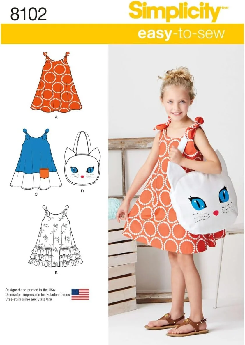 الگوی خیاطی سادگی 8102، کیف دستی گربه ای و لباس آفتابی دخترانه، سایزهای 3-8