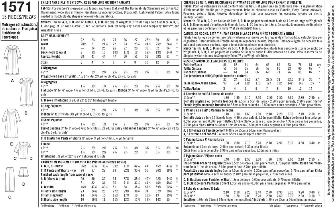 الگوهای خیاطی سادگی 1571 برای تاپ، شلوار و لباس خواب دخترانه، سایزهای 7-14