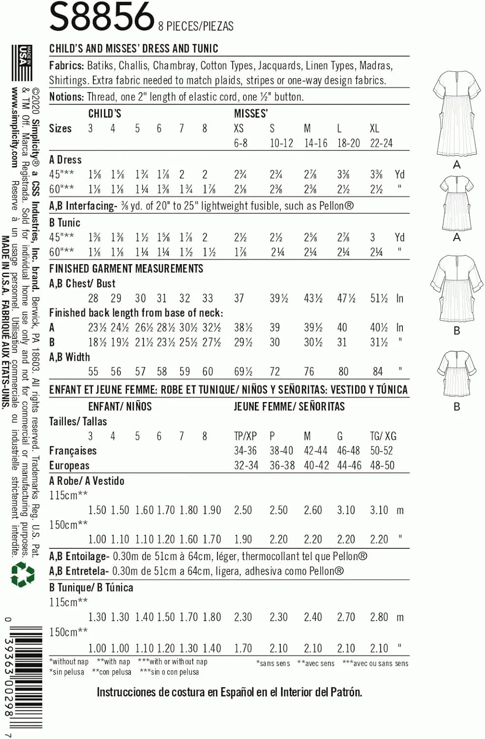 الگوی خیاطی سادگی کریتیو کورپ سایز 3-8/XS-XL