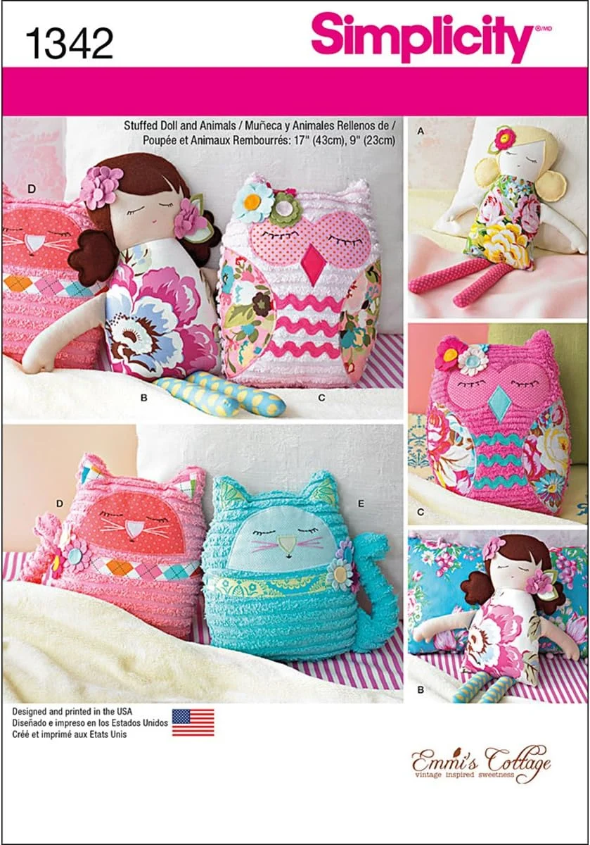 الگوهای خیاطی خلاقانه سادگی 1342 برای عروسک های پارچه ای 17 اینچی و حیوانات پارچه ای 9 اینچی، یک سایز