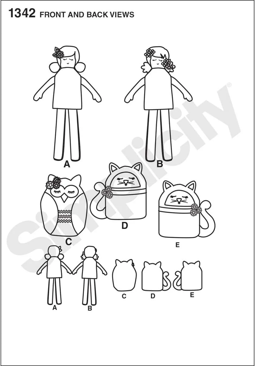 الگوهای خیاطی خلاقانه سادگی 1342 برای عروسک های پارچه ای 17 اینچی و حیوانات پارچه ای 9 اینچی، یک سایز