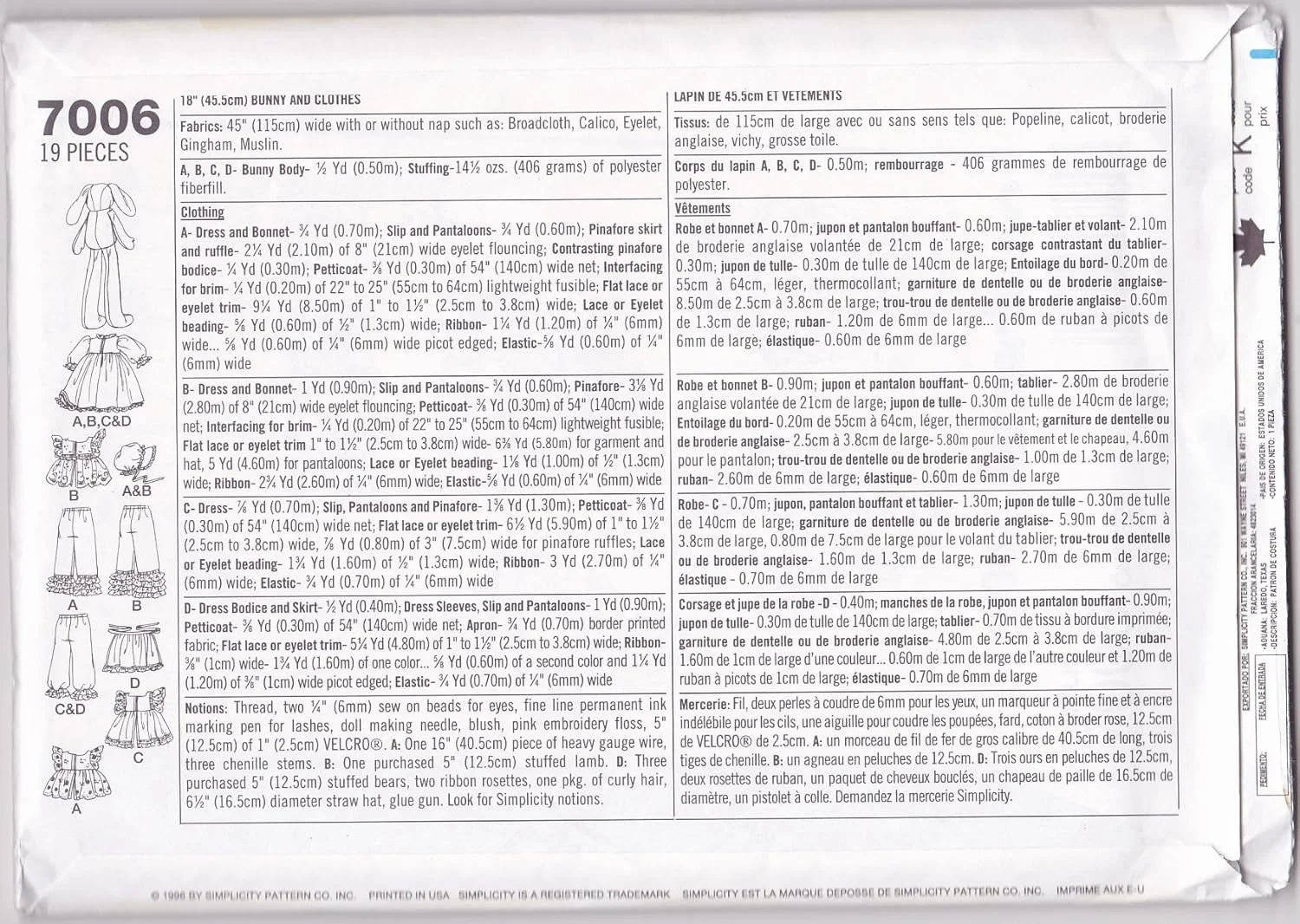 الگوی خیاطی خرگوش 46 سانتی متری و لباس Simplicity Crafts 7006-Faith Van Zanten (بدون برش)