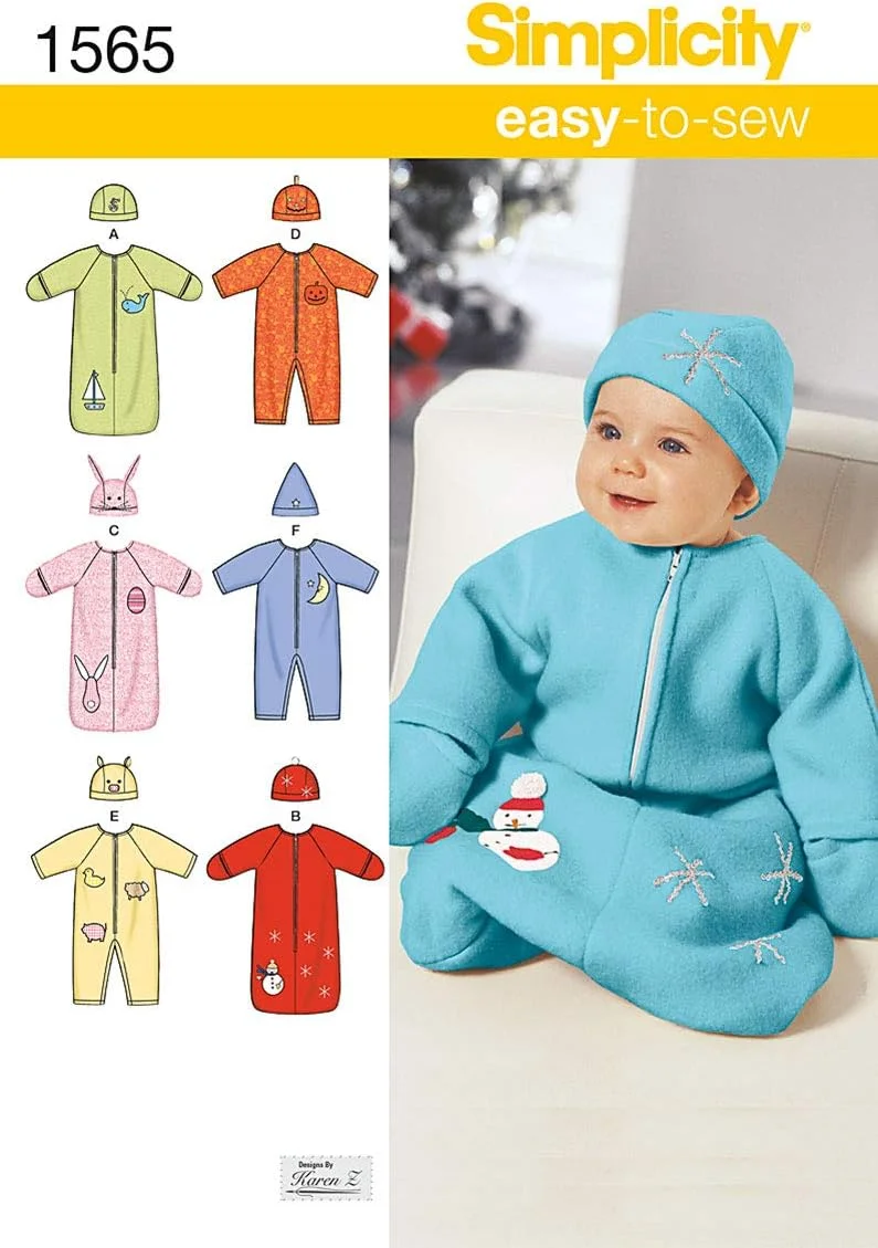 الگوهای خیاطی سادگی 1565 برای لباس نوزاد، رامپر و کلاه، سایزهای XXS-S