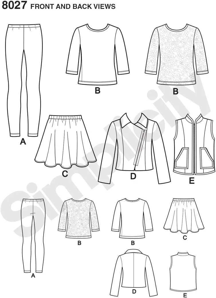 الگوی خیاطی سادگی 8027 برای ژاکت، تاپ، دامن و لگینگ دخترانه در سایزهای 7-14 الگوی خیاطی سادگی 8027 برای ژاکت، تاپ، دامن و لگینگ دخترانه در سایزهای 7-14