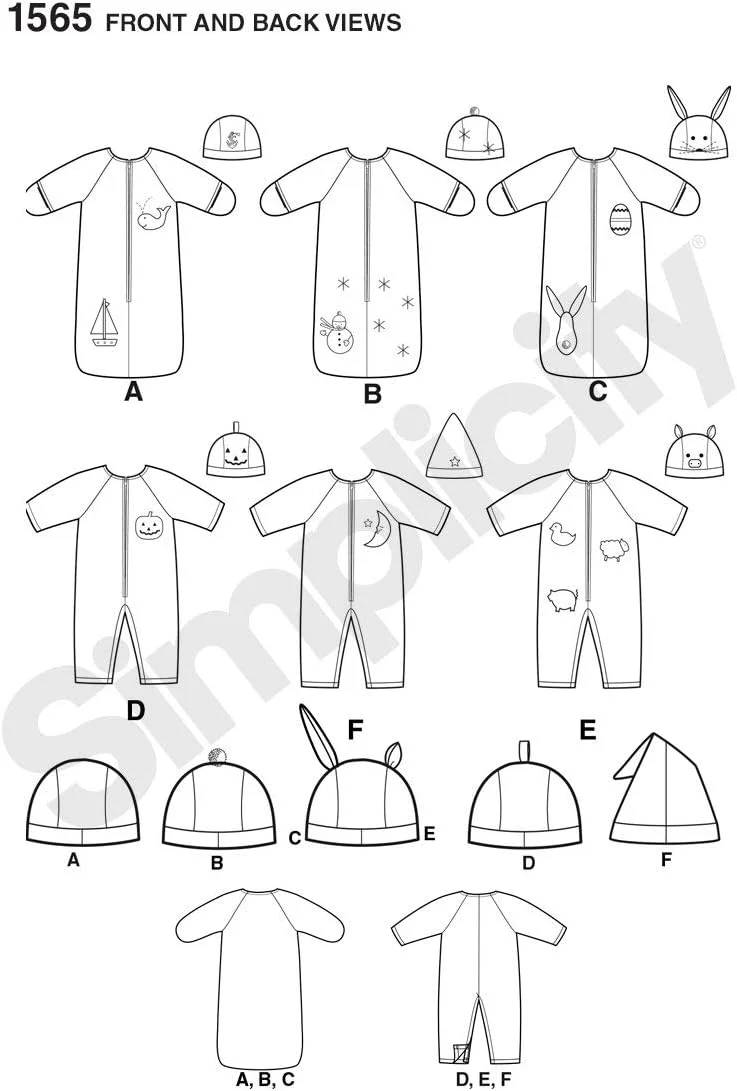 الگوهای خیاطی سادگی 1565 برای لباس نوزاد، رامپر و کلاه، سایزهای XXS-S