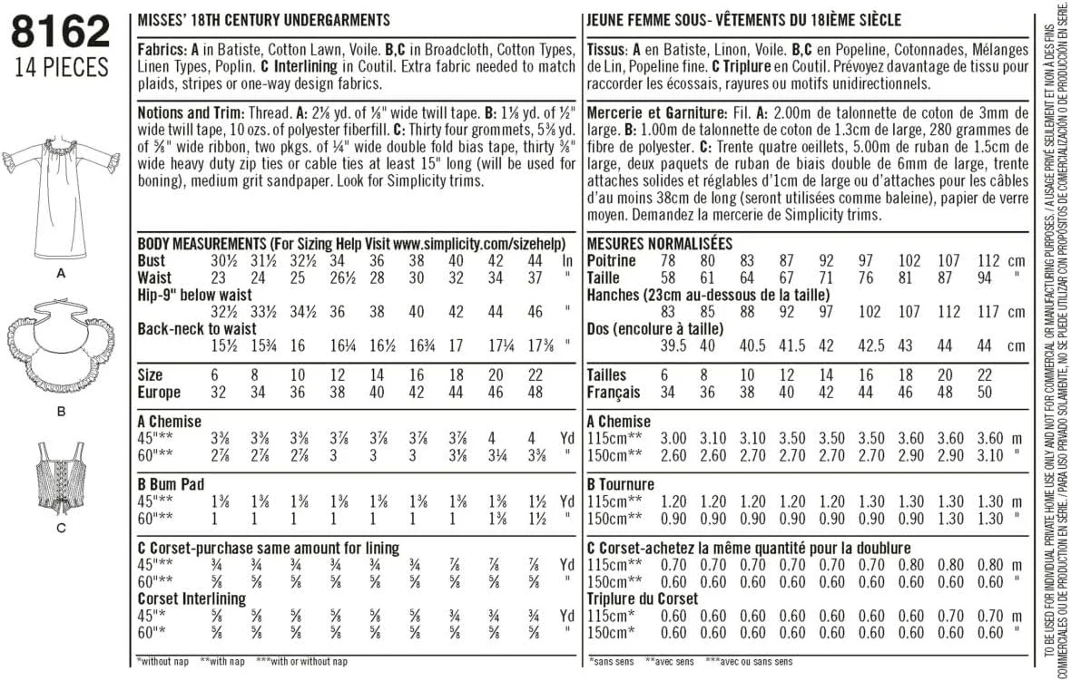 الگوی خیاطی لباس زیر زنانه قرن 18 Simplicity 8162، سایزهای 14-22