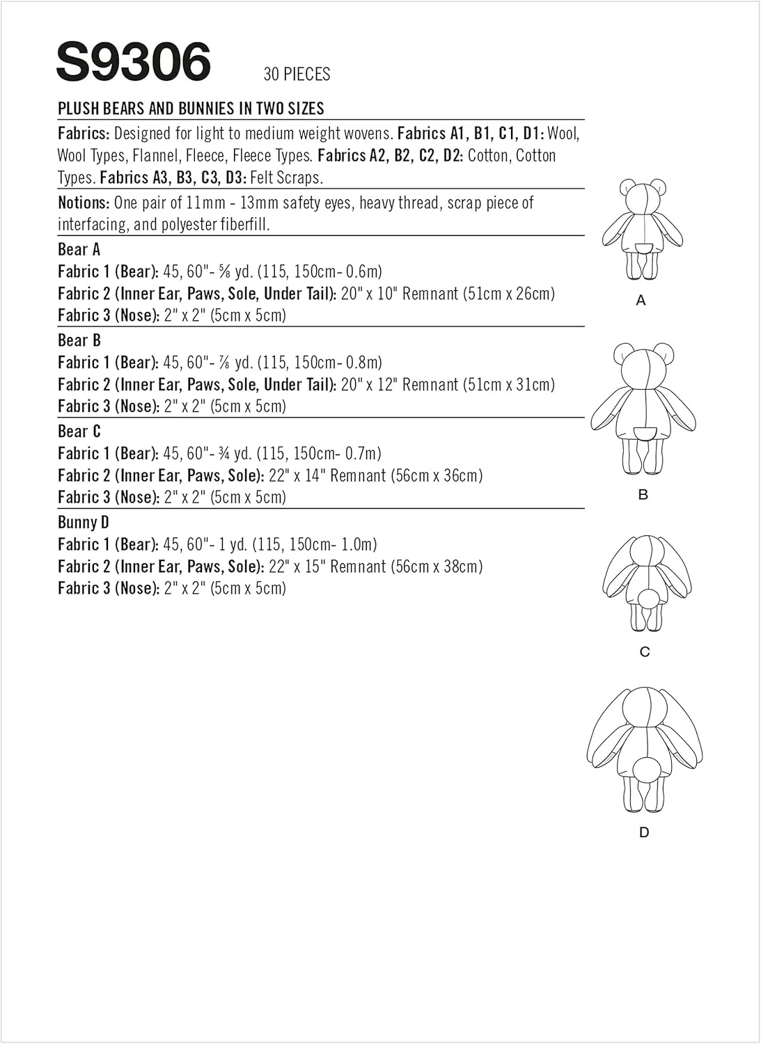 الگوی خیاطی بسته خرس و خرگوش های پولیشی سادگی، کد 9306، تک سایز، سفید