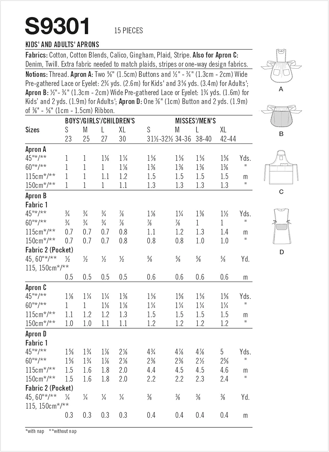 الگوی خیاطی پیش بند کامل و نیمه بزرگسالان و کودکان Simplicity، کد 9301، سایزهای S-XL، سفید