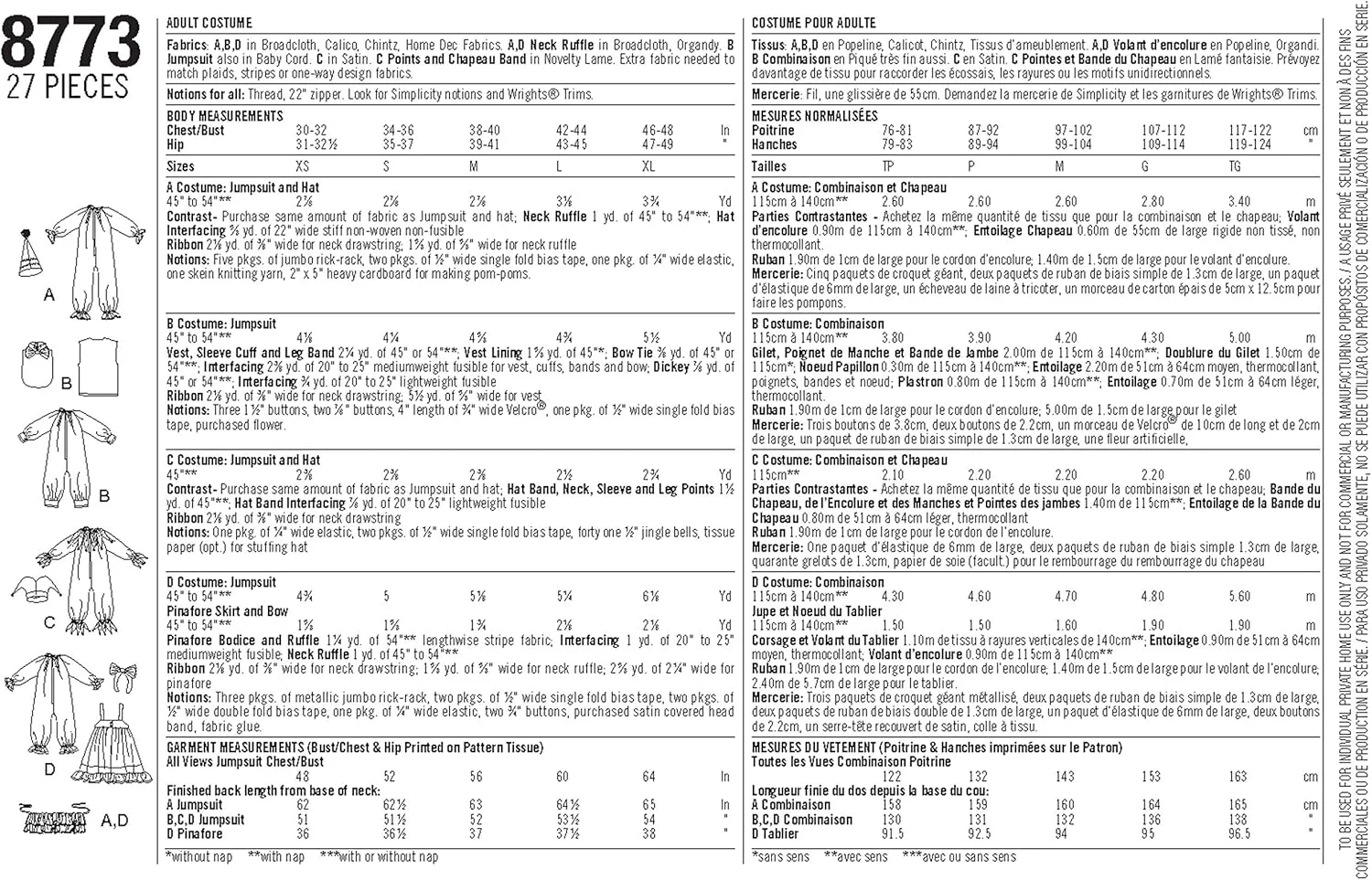 الگوی خیاطی لباس دلقک بزرگسال Simplicity 8773، سایزهای XS-XL