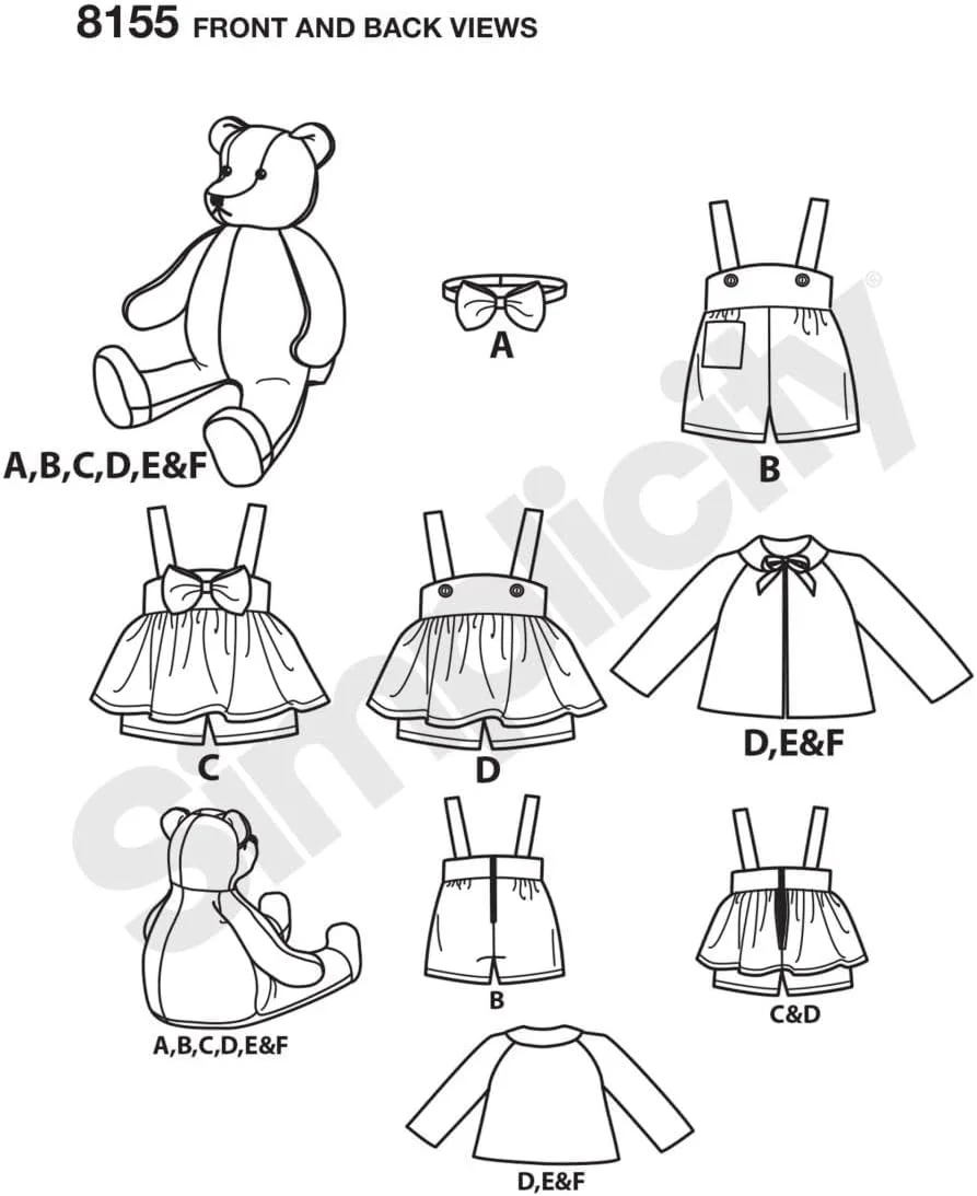 الگوی خیاطی سادگی 8155 برای ساخت خرس عروسکی با لوازم جانبی و لباس، 6 تکه