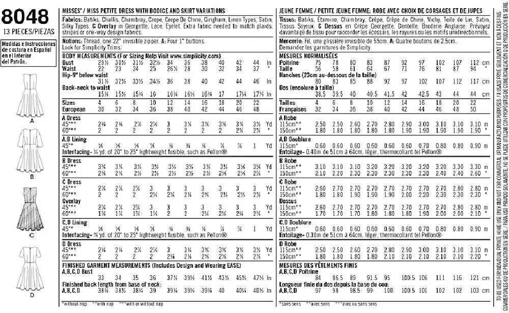 الگوی خیاطی سادگی 8048D5 "لباس زنانه/زنانه ریزه اندام مجموعه باند فرودگاه پروژه"، کاغذی