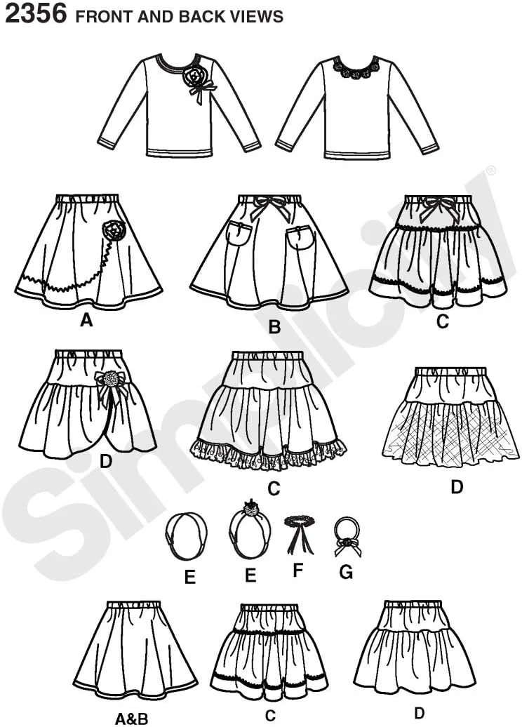 الگوی خیاطی سادگی 2356 برای دامن، زیر دامنی و اکسسوری های کودک سایز 3-4-5-6-7-8