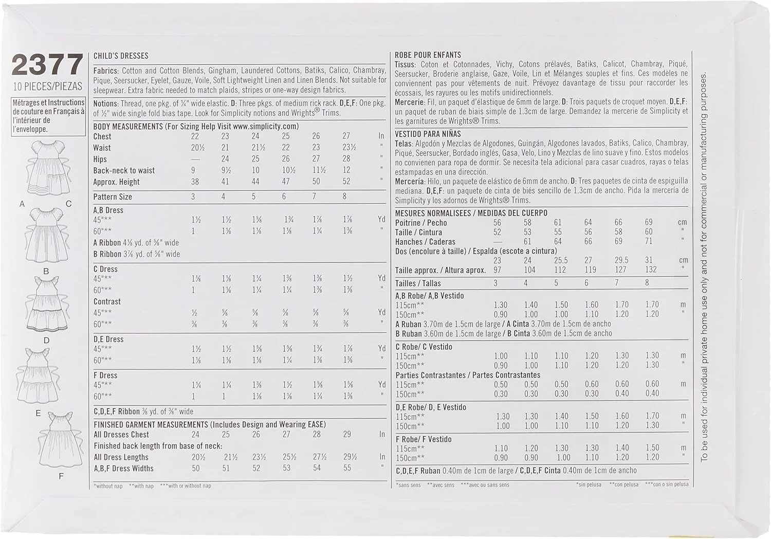 الگوی خیاطی سادگی 2377 برای لباس کودک سایز 3-4-5-6-7-8