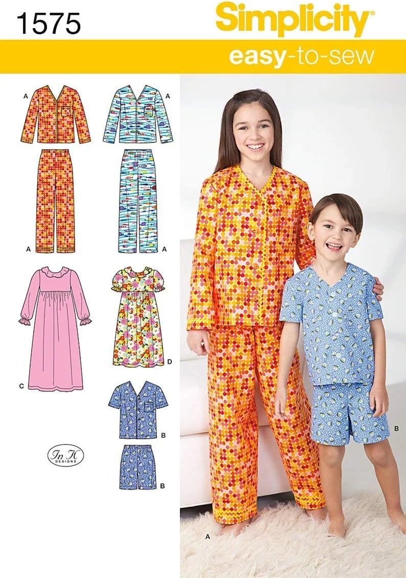 الگوهای خیاطی پیژامه دخترانه و پسرانه سادگی 1575، سایزهای 3-6