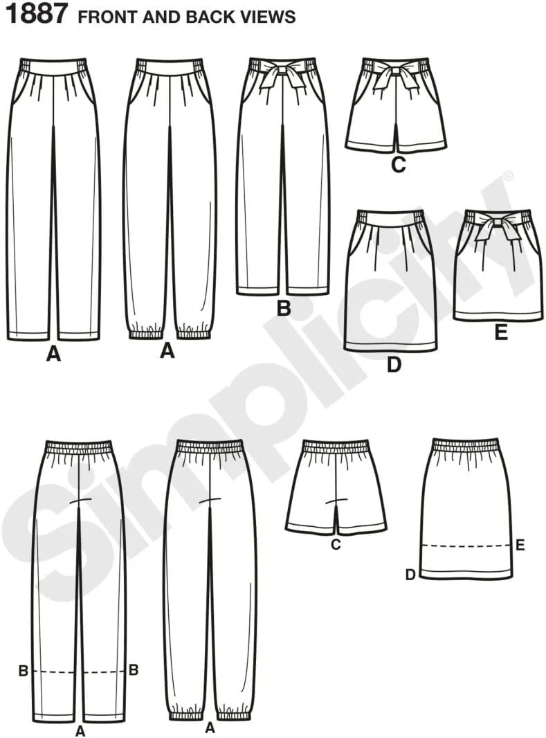 الگوی خیاطی زنانه Simplicity 1887 برای شلوار و دامن، کاغذی، سفید، سایز U5 (16-18-20-22-24)