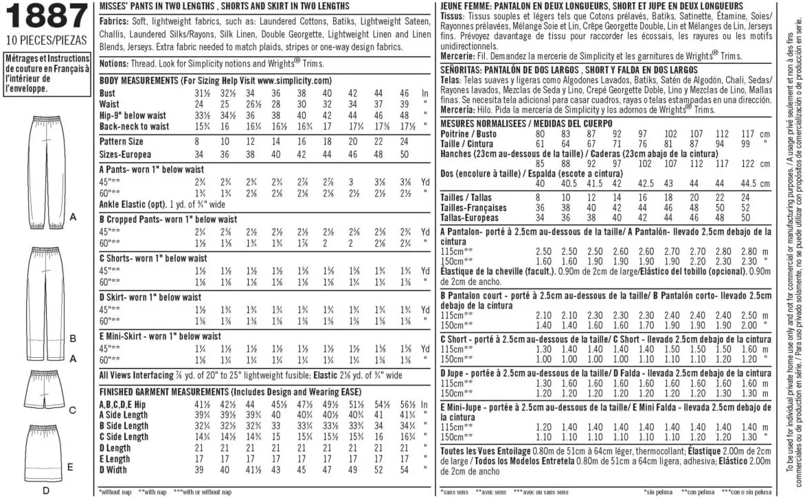 الگوی خیاطی زنانه Simplicity 1887 برای شلوار و دامن، کاغذی، سفید، سایز U5 (16-18-20-22-24)