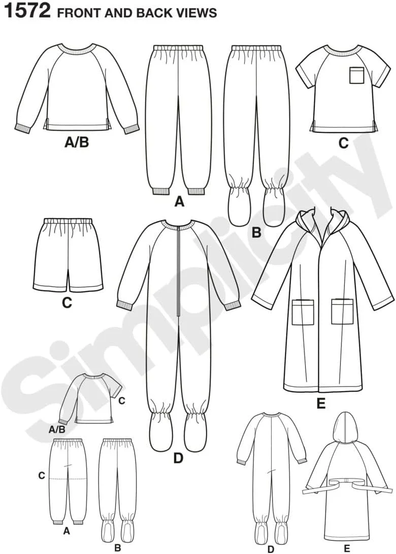 الگوهای خیاطی سادگی 1572 برای لباس خواب و پیژامه کودک و خردسال، سایزهای 3-6